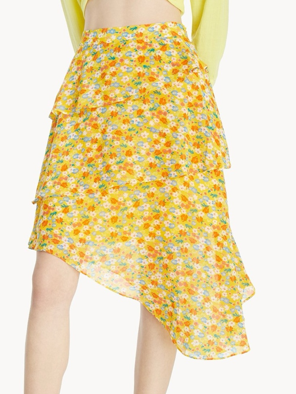 Yellow Floral Asymmetrical Tiered Skirt